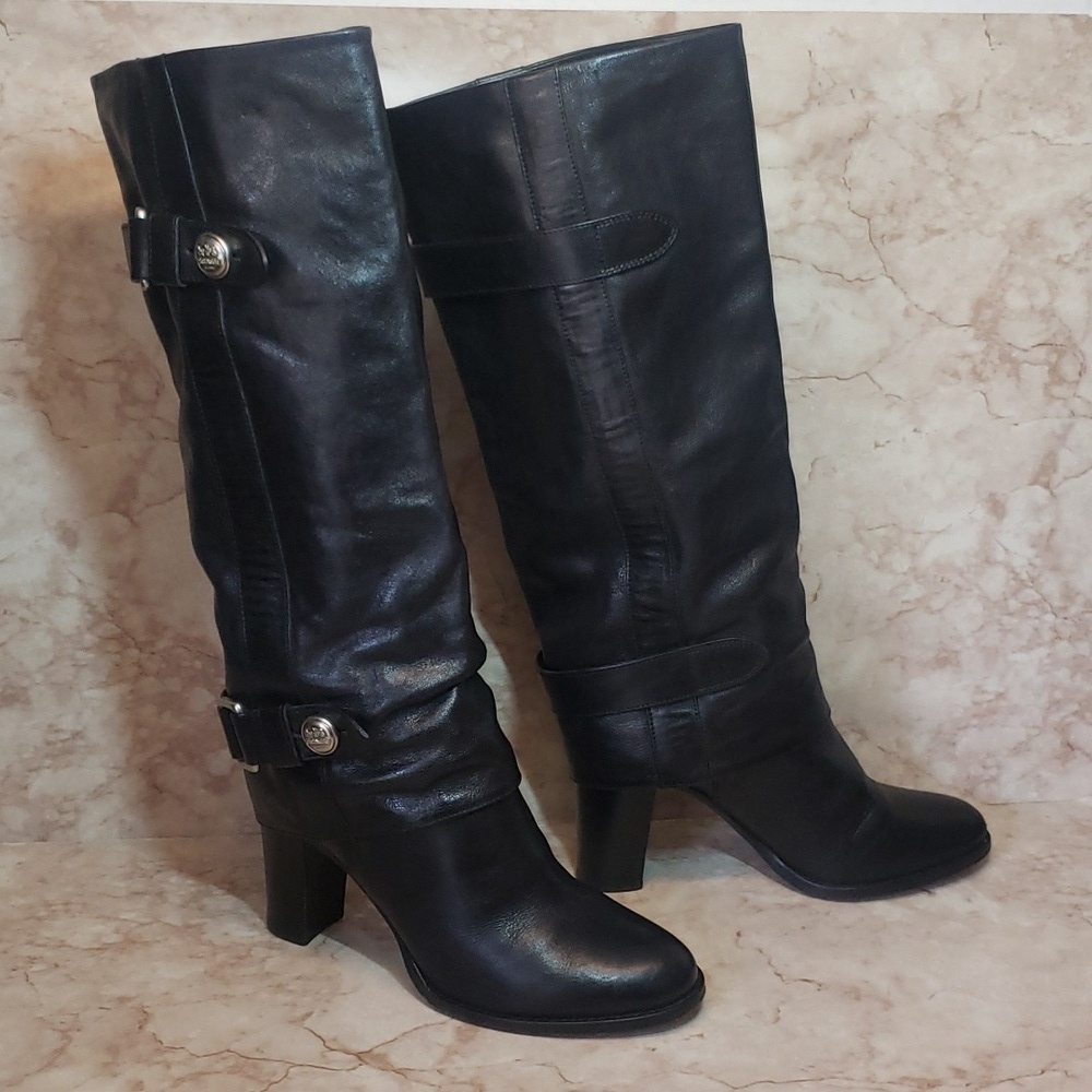 Coach Black Leather High Heel Pull On Women's Knee Length Boots Size 7 - Picture 1 of 9